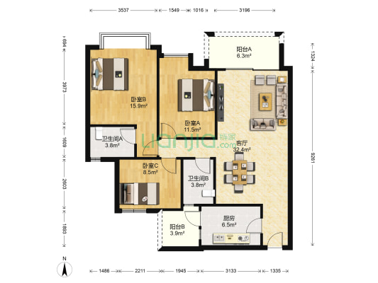 新塘新世界花园嘉怡苑 3室1厅2卫 105平方