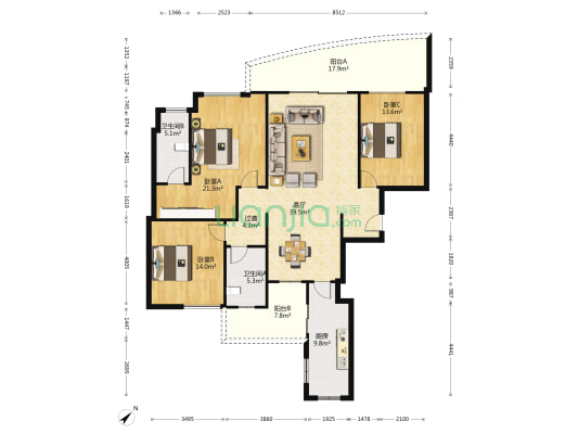 天誉半岛花园 3室1厅2卫 174平方