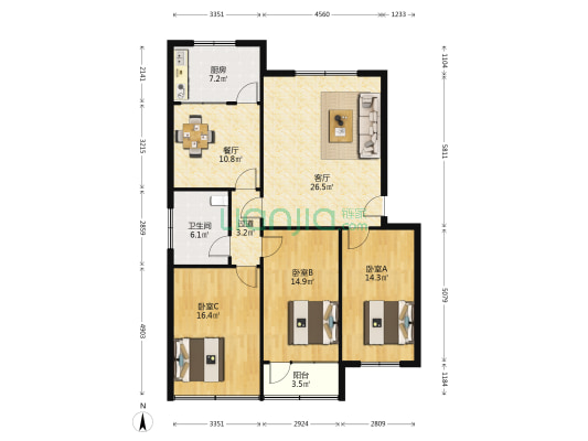 工会小区 3室2厅1卫 127平方