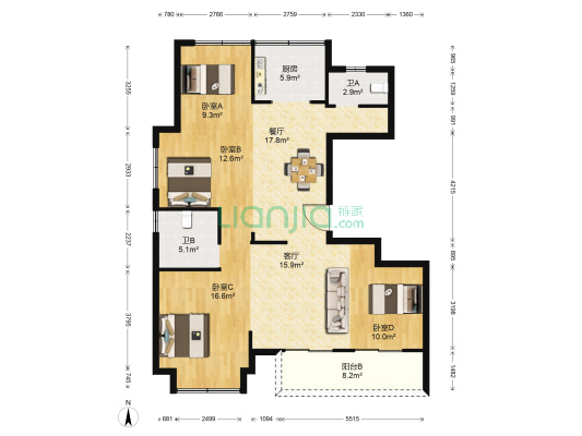 绿城柳岸禾风二期 4室2厅2卫 133平方