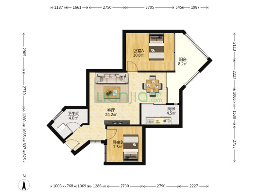 东方摩卡 2室1厅1卫 68平方