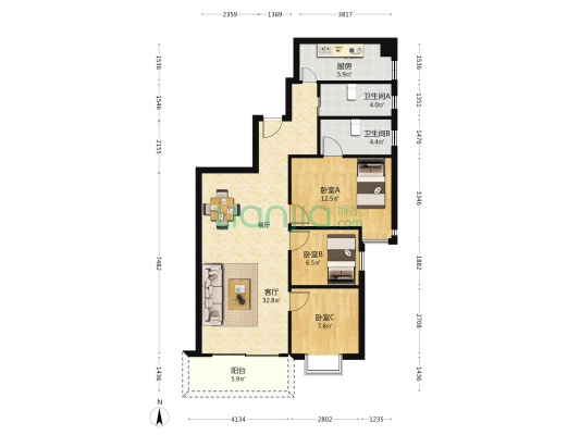天晟明苑 3室1厅2卫 104平方