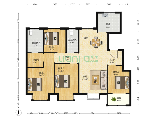 上城府第 4室1厅2卫 142平方