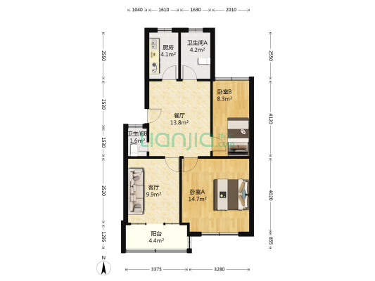 舜北四小区 2室2厅2卫 75平方