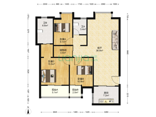 百里大厦 3室1厅2卫 135平方
