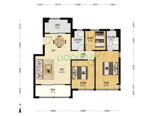 大家锦玥府 3室1厅2卫 106平方