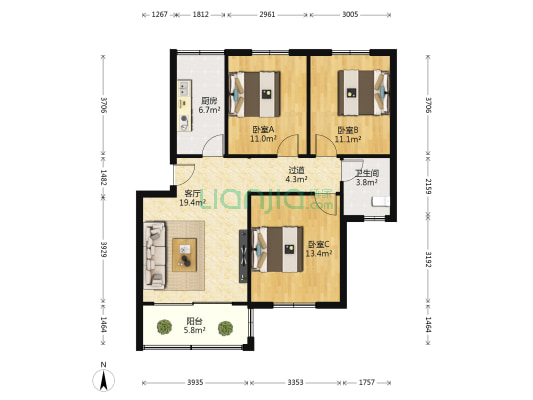 凤凰花园东区 3室1厅1卫 91平方