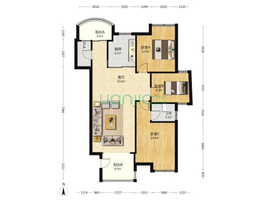 星河绿洲 3室1厅2卫 118平方