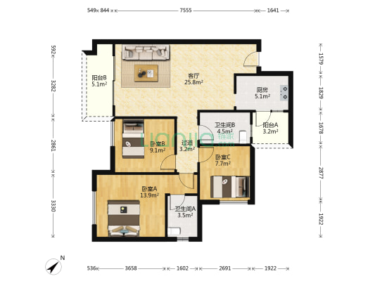中胜世家二期 3室1厅2卫 93平方