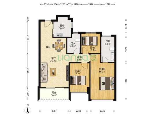 万科翡翠中央.翠珑苑 3室1厅2卫 97平方