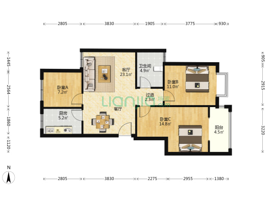 幸福小镇住宅楼 3室1厅1卫 95平方