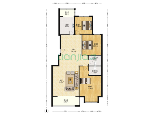 交警公寓 3室2厅2卫 160平方