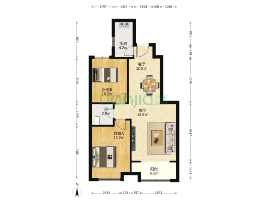紫涵樾府 2室2厅1卫 91平方