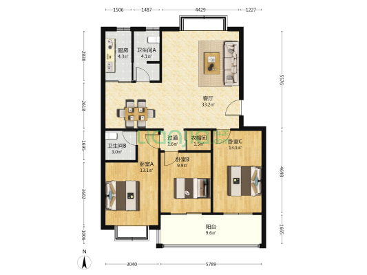 慧园 3室1厅2卫 115平方