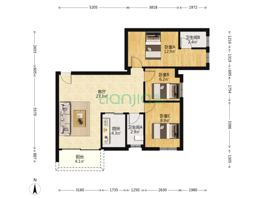 穗龙花园 3室1厅2卫 96平方