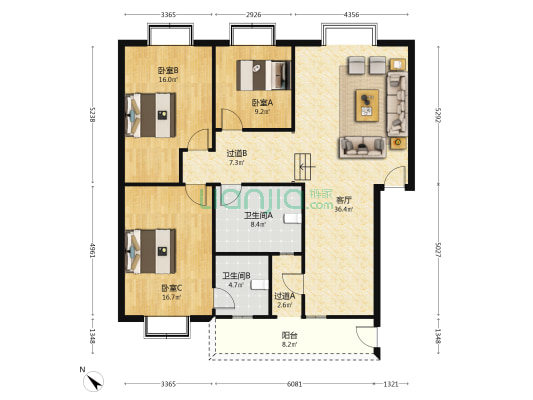 天伦家园 3室1厅2卫 123平方