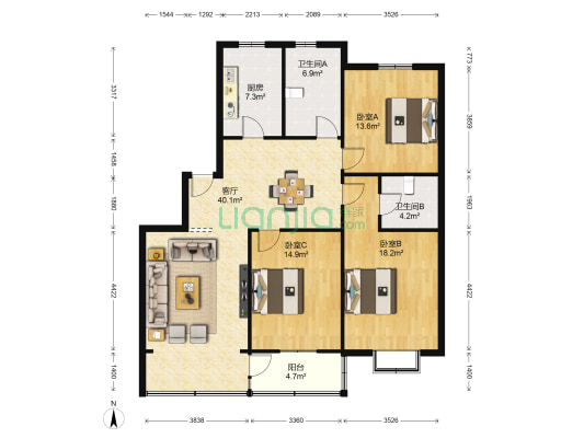 城西新村宝带花苑 3室1厅2卫 129平方