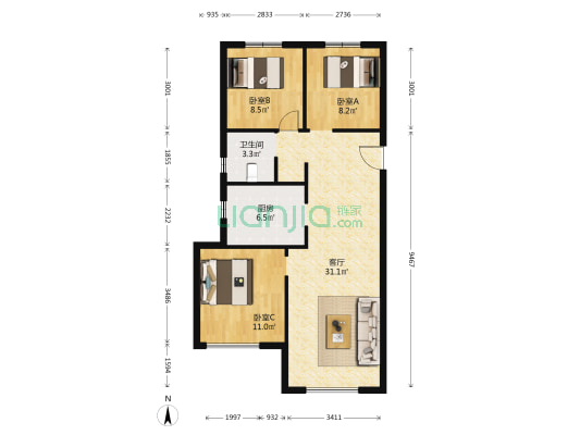 未来城夏岚苑 3室1厅1卫 107平方