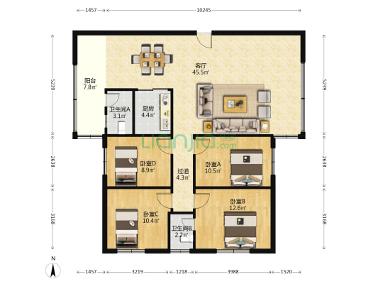 万泉小区 4室1厅2卫 125平方