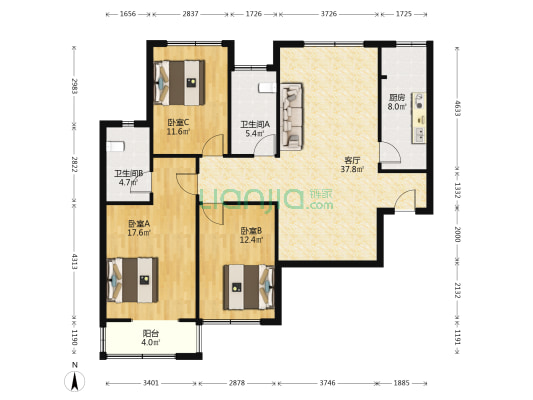 稻香园 3室1厅2卫 136平方