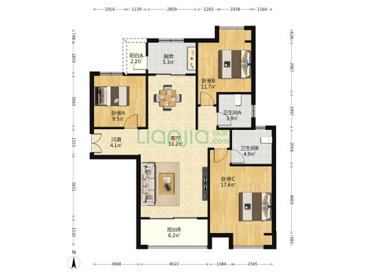 湘域芯城1期 3室1厅2卫 131平方