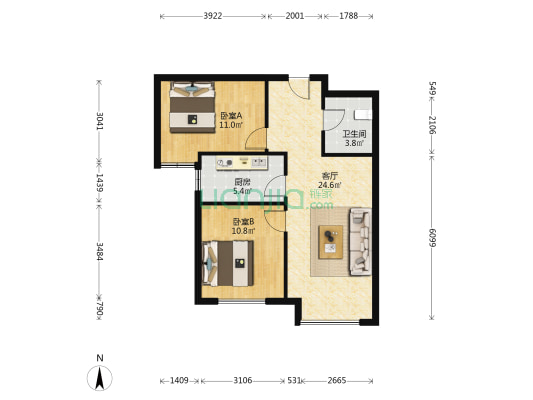 中间位置，无任何遮挡，全天采光，简单装修拎包入住-户型图