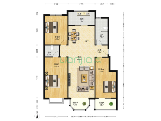 顶秀清溪南苑 3室1厅2卫 163平方