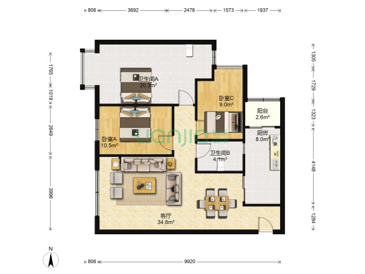 桃源丽景 2室1厅2卫 109平方
