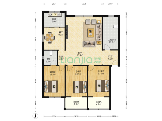 气象局住宅楼 3室2厅2卫 150平方