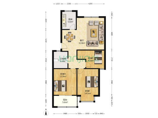 家和园 3室1厅1卫 98平方