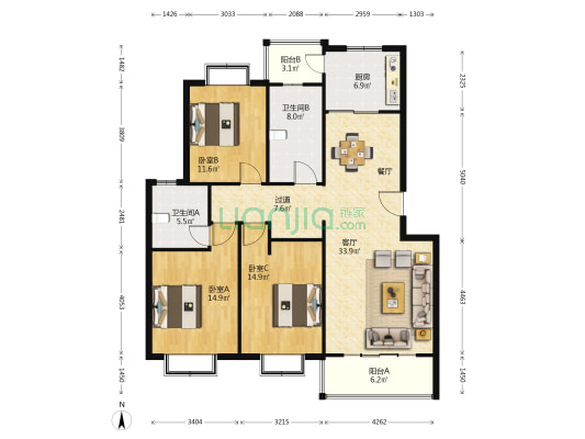 信特名都 3室1厅2卫 135平方