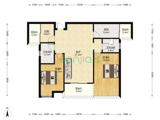 多彩城 2室1厅2卫 112平方