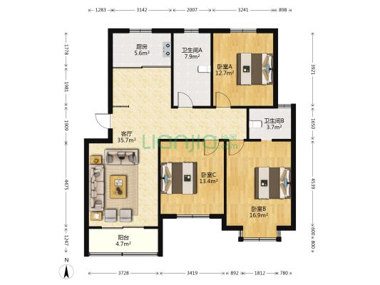金色家园 3室1厅2卫 125平方