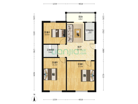 外运宿舍小区 3室1厅2卫 89平方