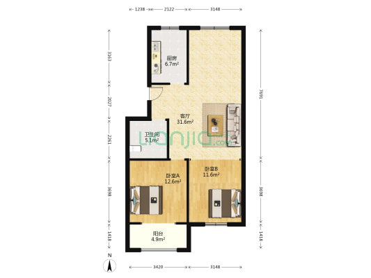 福中花园 2室1厅1卫 90平方