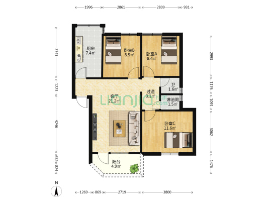 胡湾路三巷 3室1厅2卫 84平方