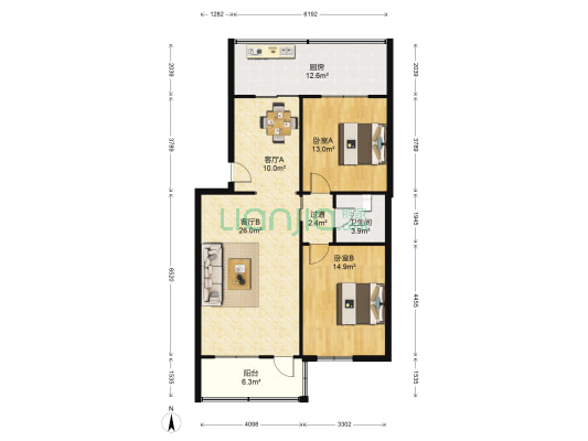 丁苑小区 2室2厅1卫 95平方