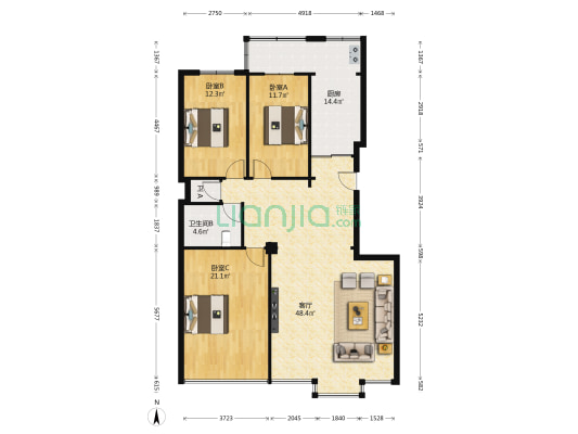 地矿之家 3室1厅2卫 147平方