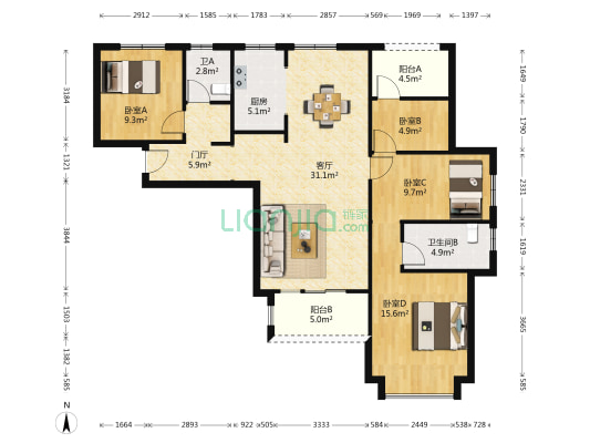 雅居乐湖居笔记D区 4室1厅2卫 129平方