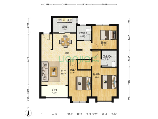 公园上城 3室1厅2卫 112平方