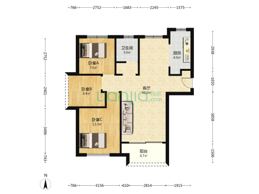 中凯聚龙湾 3室1厅1卫 87平方
