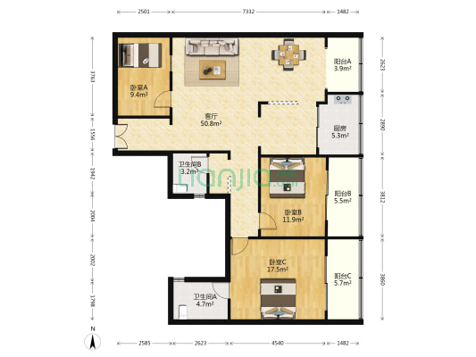 长福公寓 3室1厅2卫 149平方