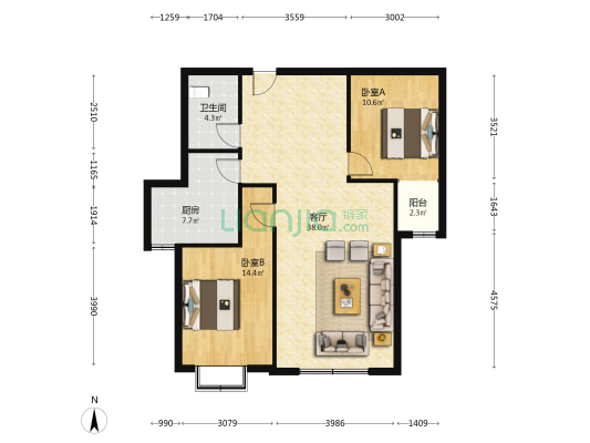 祥云国际东区 2室1厅1卫 106平方