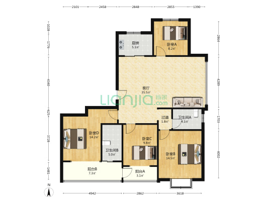 领创名郡 4室1厅2卫 148平方