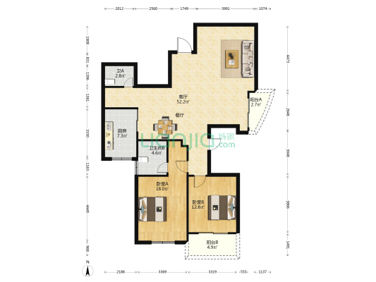 丽景东方 2室1厅2卫 138平方