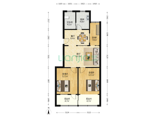 区工商局宿舍 3室2厅1卫 77平方