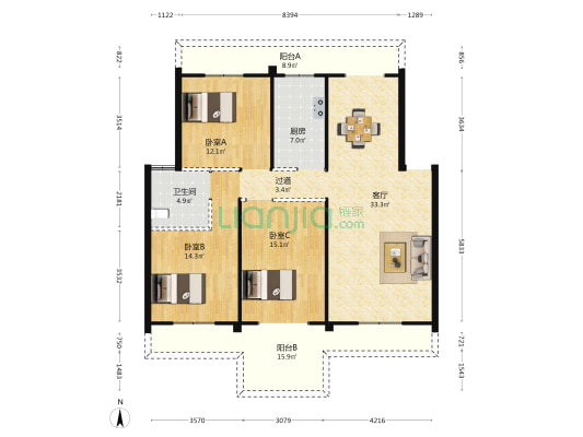 阳光新天地 3室1厅1卫 112平方