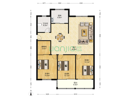 兴越花园 3室1厅1卫 143平方