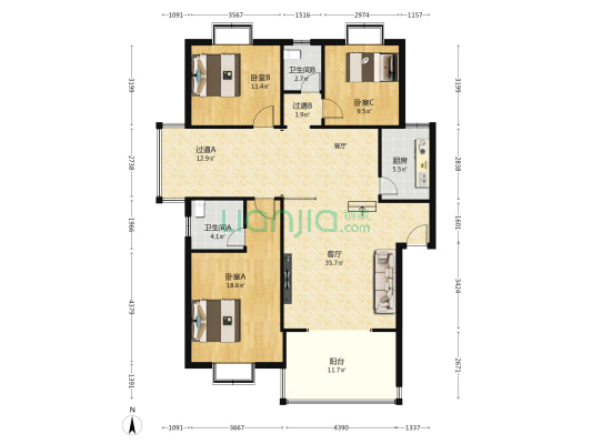 碧辉园山水园林B区 3室1厅2卫 127平方