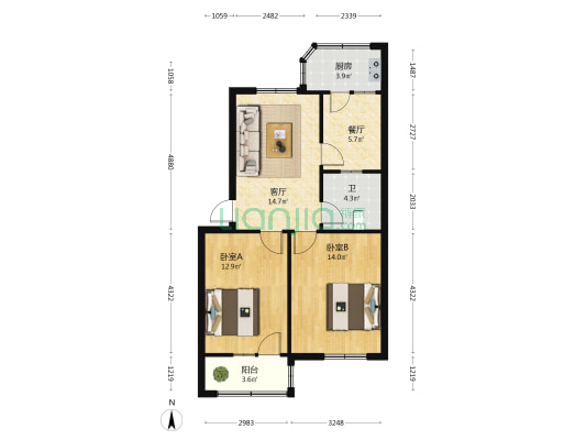 印染厂住宅楼 2室2厅1卫 72平方